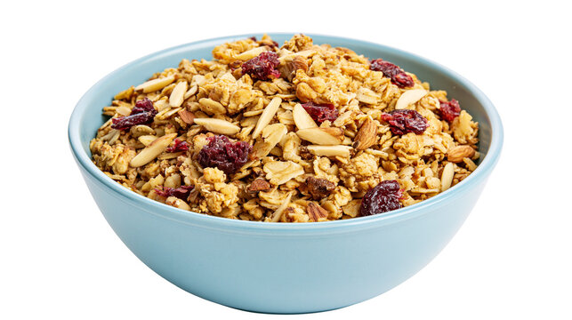 Hearty granola with almonds and cranberries in a blue bowl, isolated on transparent background
