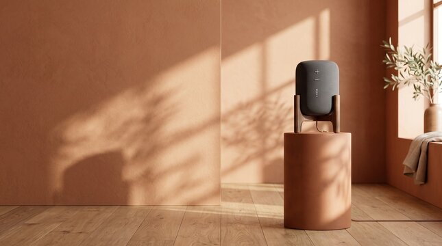 Minimalist 3D product podium warm terracotta home interior aesthetic smart speaker device mockup on wooden stand afternoon sunlight