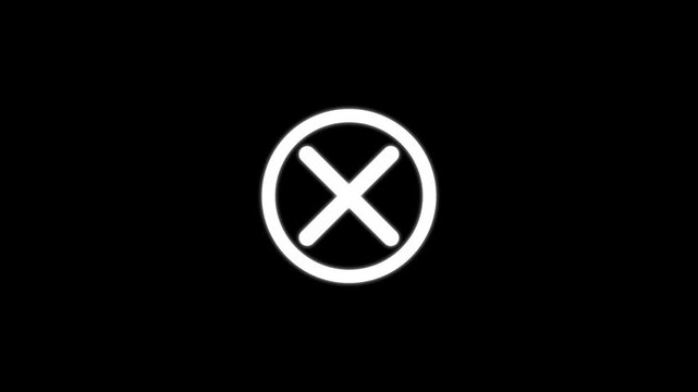 Minimalist white x mark inside circle icon animation on black background, for ui ux, cross
