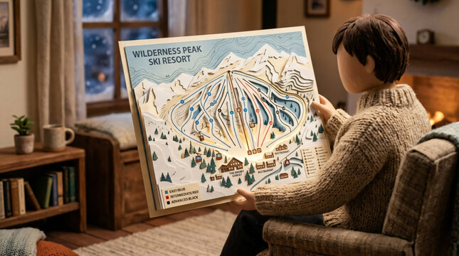 Person Holding 3D Paper Art Ski Resort Map in Cozy Living Room