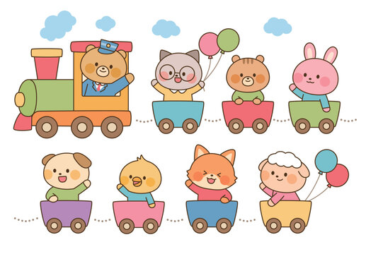 Cute Animal Characters Riding a Colorful Toy Train