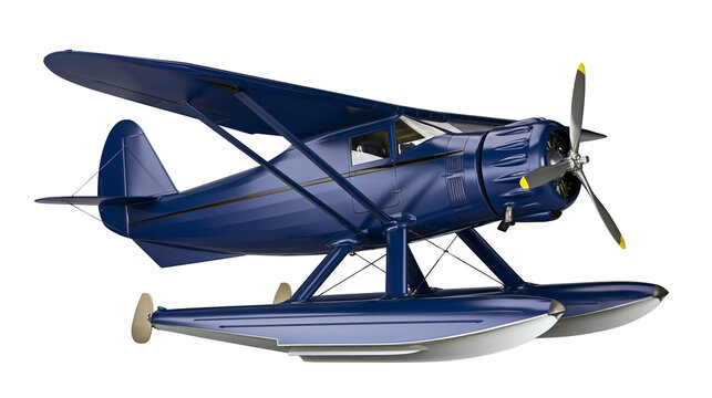 Classic dark blue seaplane with twin floats, isolated on transparent background