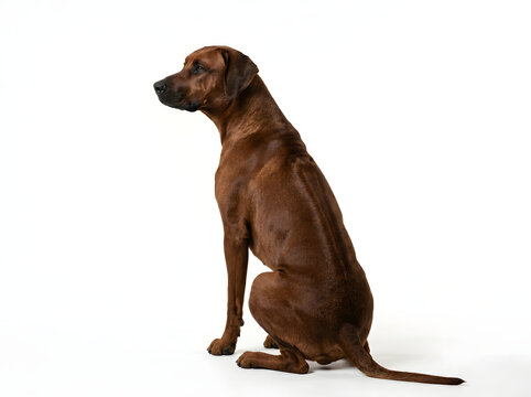 A beautiful rhodesian ridgeback dog sitting in profile against a clean white background looking away from the camera lens