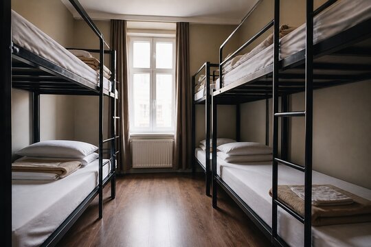 Empty hostel room with four metal bunk beds and a window