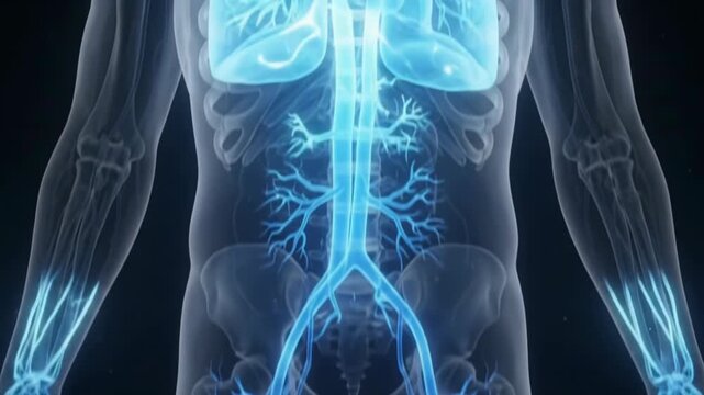 3D medical animation of the human skeletal system showing the legs and knee joints.
