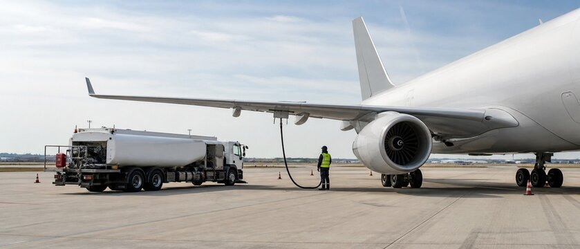 Jet fuel truck refueling a commercial cargo airplane on an airport tarmac