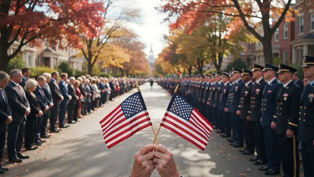 Veterans day parade with american flags and lines of uniformed service members