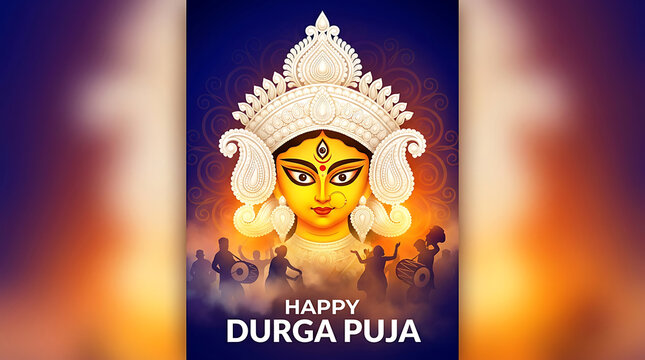 Happy durga puja greeting card with goddess durga face and traditional drums