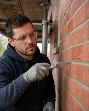 Mason pointing brick mortar joints on a new construction building wall in a vertical shot