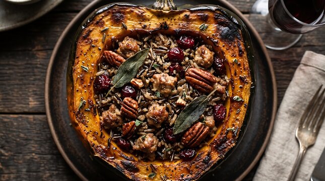 Stuffed Acorn Squash with Wild Rice Sausage Cranberries and Pecans