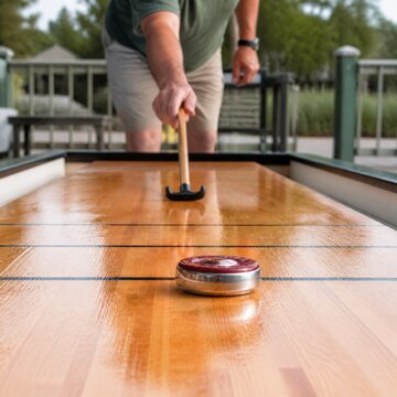 Man playing shuffleboard on an outdoor wooden court with a red puck