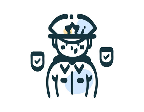Line style illustration of a police character with a shield symbol. Security officer. Job, worker, profession. Clip art, avatar, design element. Cute and funny character, flat vector style.