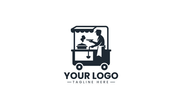 Black Image Vector Logo of Street Food Vendor Cart Silhouette, Local Market Food Truck Graphic Isolated on White Background