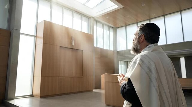 Jewish man praying inside modern synagogue with tall windows and wooden ark