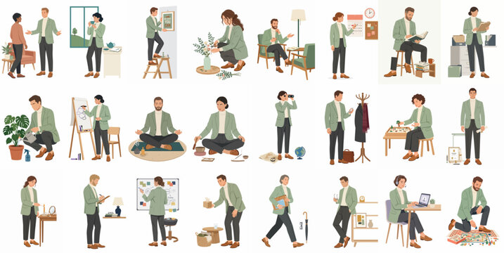 Collection of illustrations depicting people in various daily life activities, work, and hobbies, showcasing a diverse and modern lifestyle.