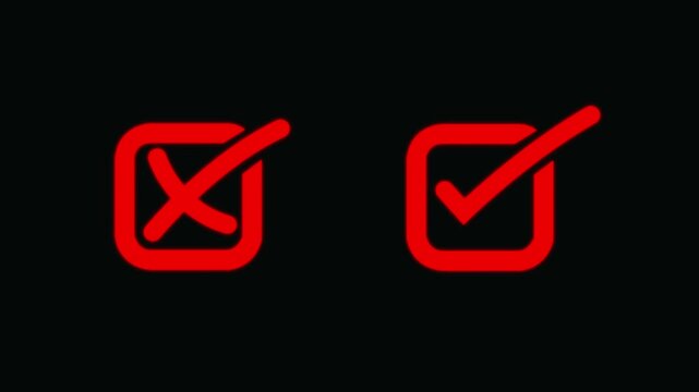 Red checkmark and x mark icons animation, success and failure symbols for ui survey, and checklist cross
