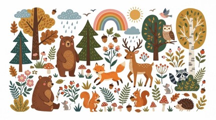 Fototapeta premium Cute Woodland Forest Animals and Nature Elements Illustration Set with Bear, Fox, Deer, and Squirrel in Flat Folk Art Style
