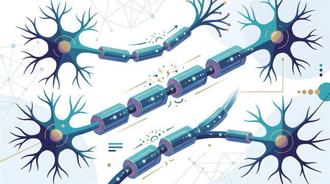 Myelin sheath damage along teal neuron axons depicted as a medical diagram highlighting neurological degeneration.