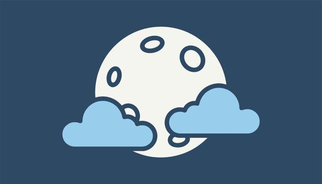 Icon style illustration of a large full moon with crater details shining behind blue clouds on a dark navy background.