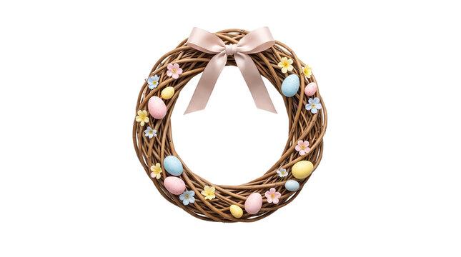 Rustic Easter wreath with pastel eggs and pink bow. Woven grapevine spring wreath, floral holiday door decoration on white background.