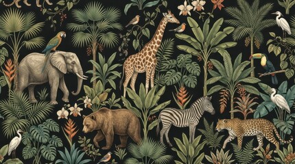 Fototapeta premium Vintage Jungle Safari Pattern with Elephant Giraffe Zebra Leopard and Tropical Plants on Black Background