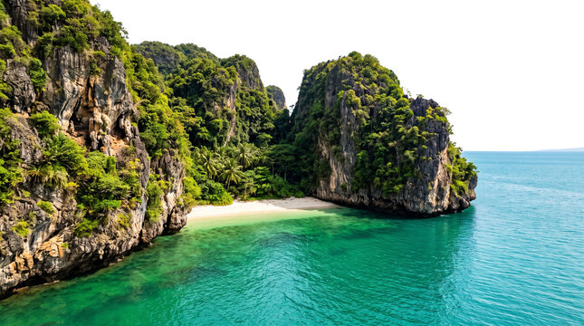 Tropical limestone cliffs over turquoise ocean water, secluded white sand beach in exotic bay, lush green jungle island landscape