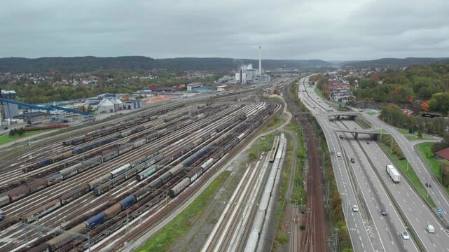 Freight trains, Alstom Depa Savenas train maintenance depot. Gothenburg, Aerial