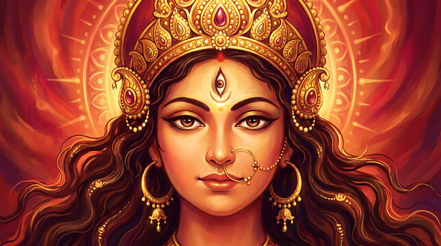 Divine goddess durga portrait with radiant golden crown and third eye