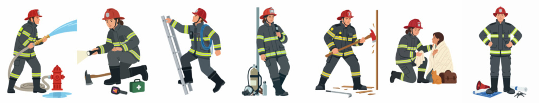 Collection of firefighter character illustrations in various action poses including rescue, firefighting, and using tools, isolated on a white background.