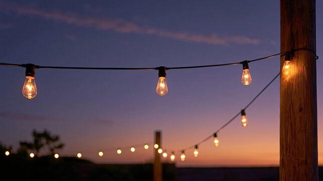 Closeup of warm string lights on outdoor patio at dusk sky, cozy ambient bulbs on wooden pole with beautiful sunset background, romantic night decor.