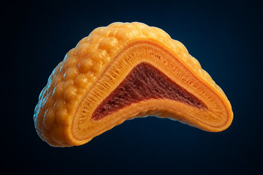 Human adrenal gland cutaway showing cortex and medulla