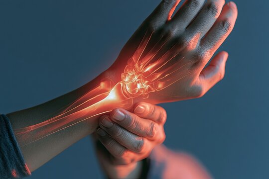 Close-up of a painful wrist with glowing red inflammation highlighting the bones and tendons.