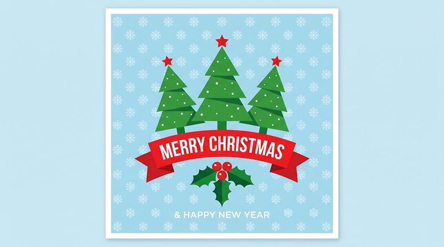 Festive christmas card with evergreen trees and holiday greetings on a light blue patterned background