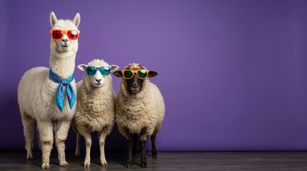 Fototapeta premium Funny Alpaca and Sheep Wearing Sunglasses and Scarf Standing Against Purple Background with Copy Space