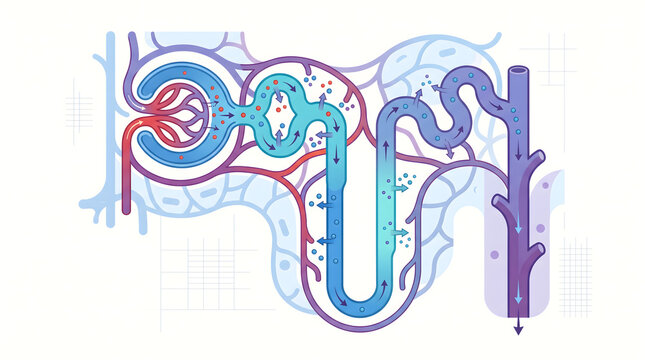 Nephron anatomy diagram showing blood filtration and tubular reabsorption processes in vibrant blue and red vector graphics.