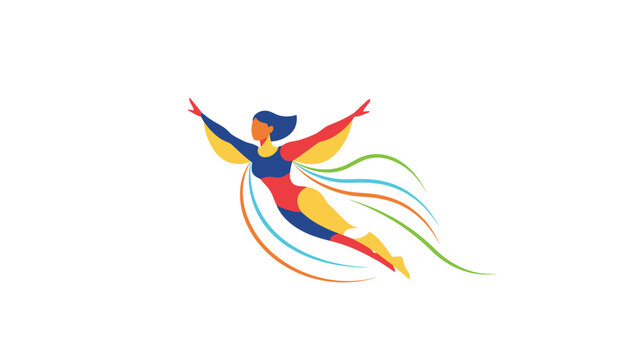 Stylized colorful illustration of a flying female figure or superhero with elegant flowing ribbons, representing freedom and power.