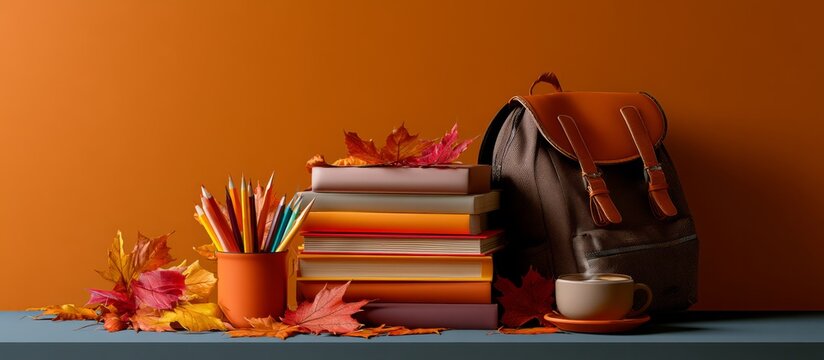Autumn education concept with books, backpack, and maple leaves, banner