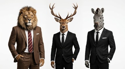 Fototapeta premium Surreal Business Concept with Lion Deer and Zebra in Formal Suits Standing Against White Background