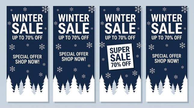 Four winter sale banners with snowflake designs and promotional text offering discounts up to seventy percent off