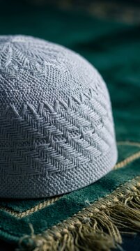 Macro close up of white woven knit skull cap on fringed green velvet carpet
