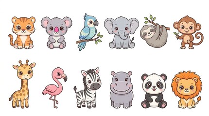 Fototapeta premium Cute Cartoon Baby Animals Collection Featuring Lion, Tiger, Panda, Elephant, and Giraffe for Kids Design
