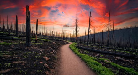 Obraz premium A winding dirt hiking path leads through a desolate landscape of blackened trees and scorched earth following a devastating forest fire, fire, trees, track