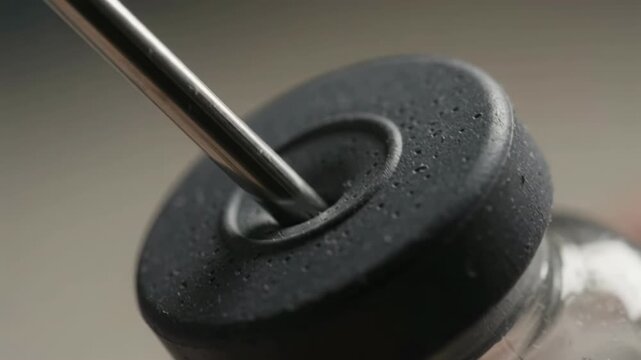 Extreme close-up of a hypodermic needle piercing the rubber stopper of a medical vial for vaccine preparation, medical video footage.