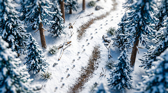 Snowy pine forest path with boot tracks in miniature landscape