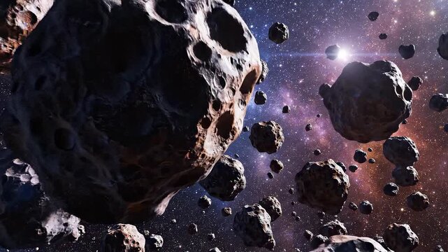 Asteroid field in cosmic nebula with deep space motion and dramatic lighting for sci-fi concept