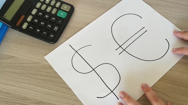 Paper showing dollar and euro symbols beside a calculator, person calculating currency values, foreign exchange, dollar and euro exchange rates, and financial markets.