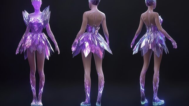 3D character model of a female figure wearing a futuristic iridescent crystal dress.