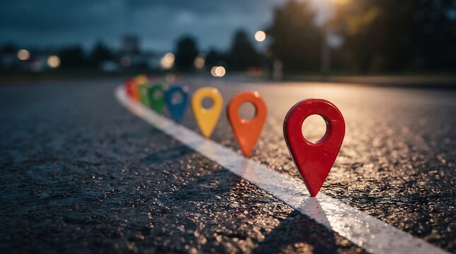 Colorful map pin markers placed in row along curved asphalt street line at evening twilight for navigation travel route tracking and global location destination concept.