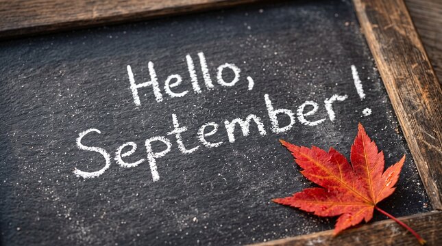 hello september chalk board with maple leaves