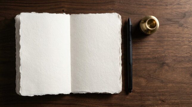 Top view flat lay of blank open handmade deckle edge paper journal mockup with digital stylus pen and brass holder on walnut wood desk
